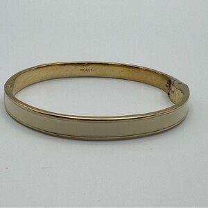 Monet Vintage Gold Tone Cream Enamel Hinged Bangle Bracelet 7”